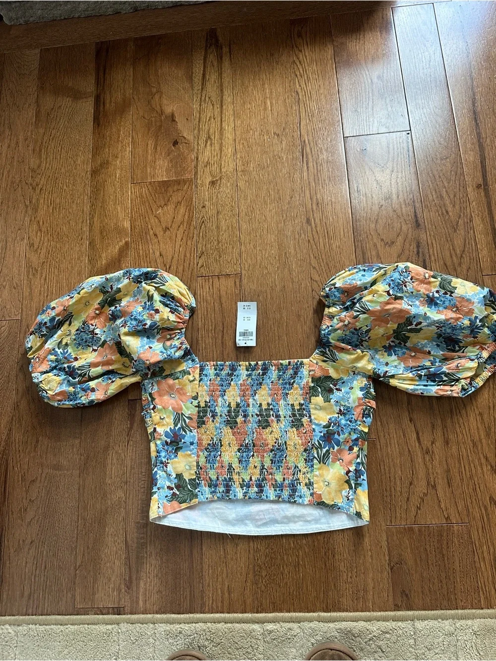 NWT- Abercrombie Floral Puff-Sleeve Crop Top - Yellow, Orange & Blue